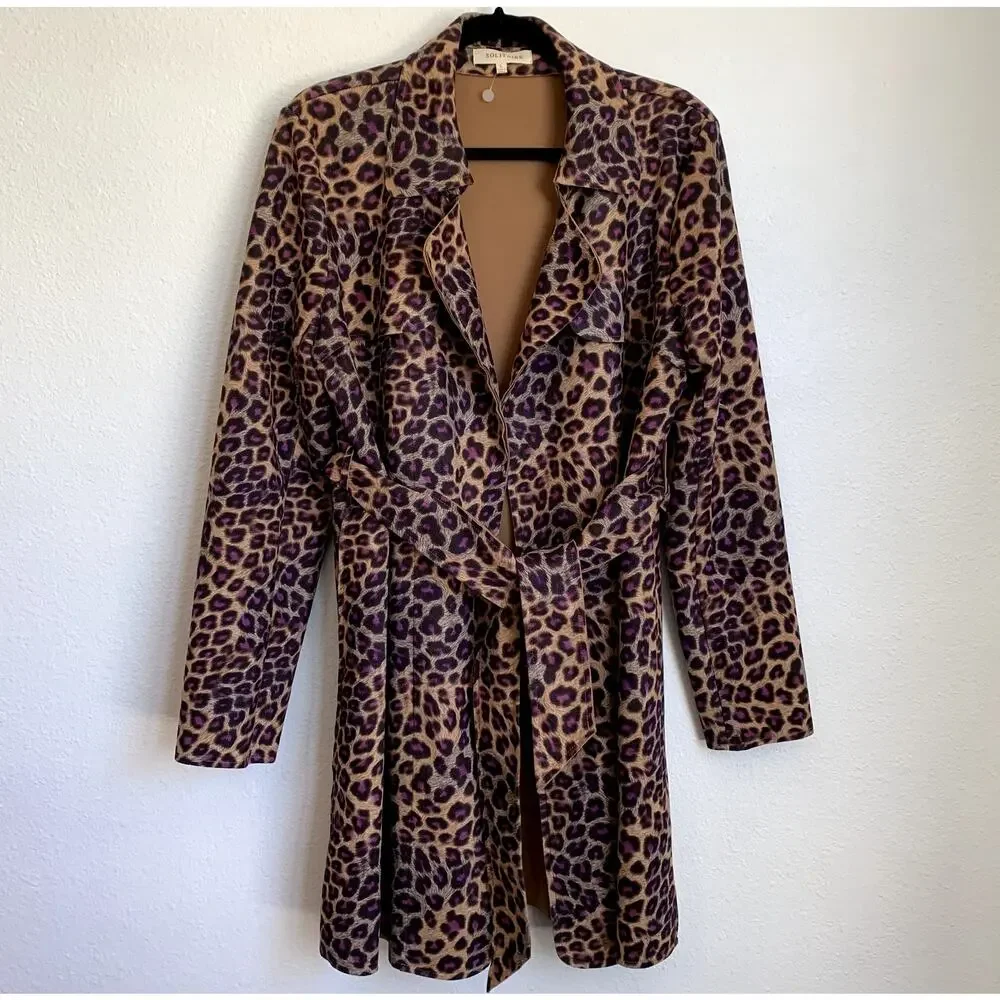 NEW Solitaire Leopard Open Front‎ Drapey Oversized Tie Coat in Tan/Purple